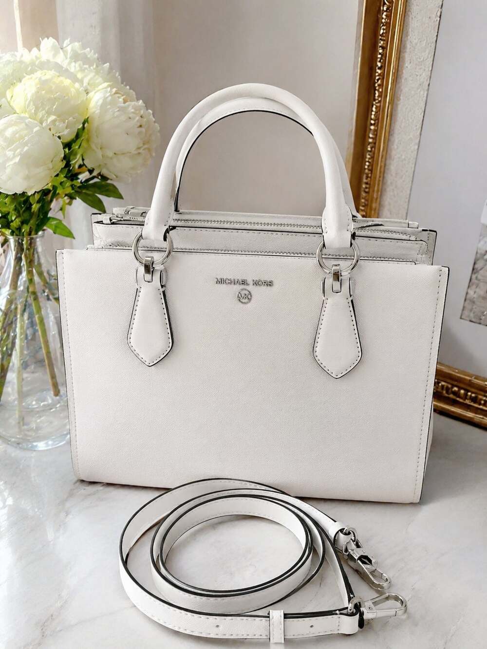 Michael Kors Marilyn Medium Saffiano Leather Satchel in Optic White